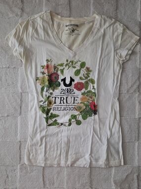 True Religion White V-Neck Tee with Multicolor Floral Logo